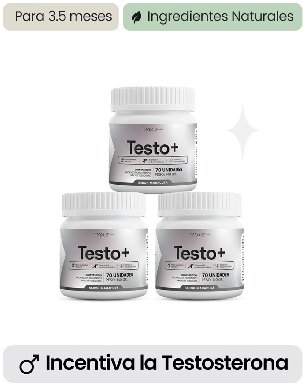 Tres paquetes de gomitas Testo+ de Sense Fitness para potenciar la testosterona natural, en envases con gomitas de color y sabor frutal.