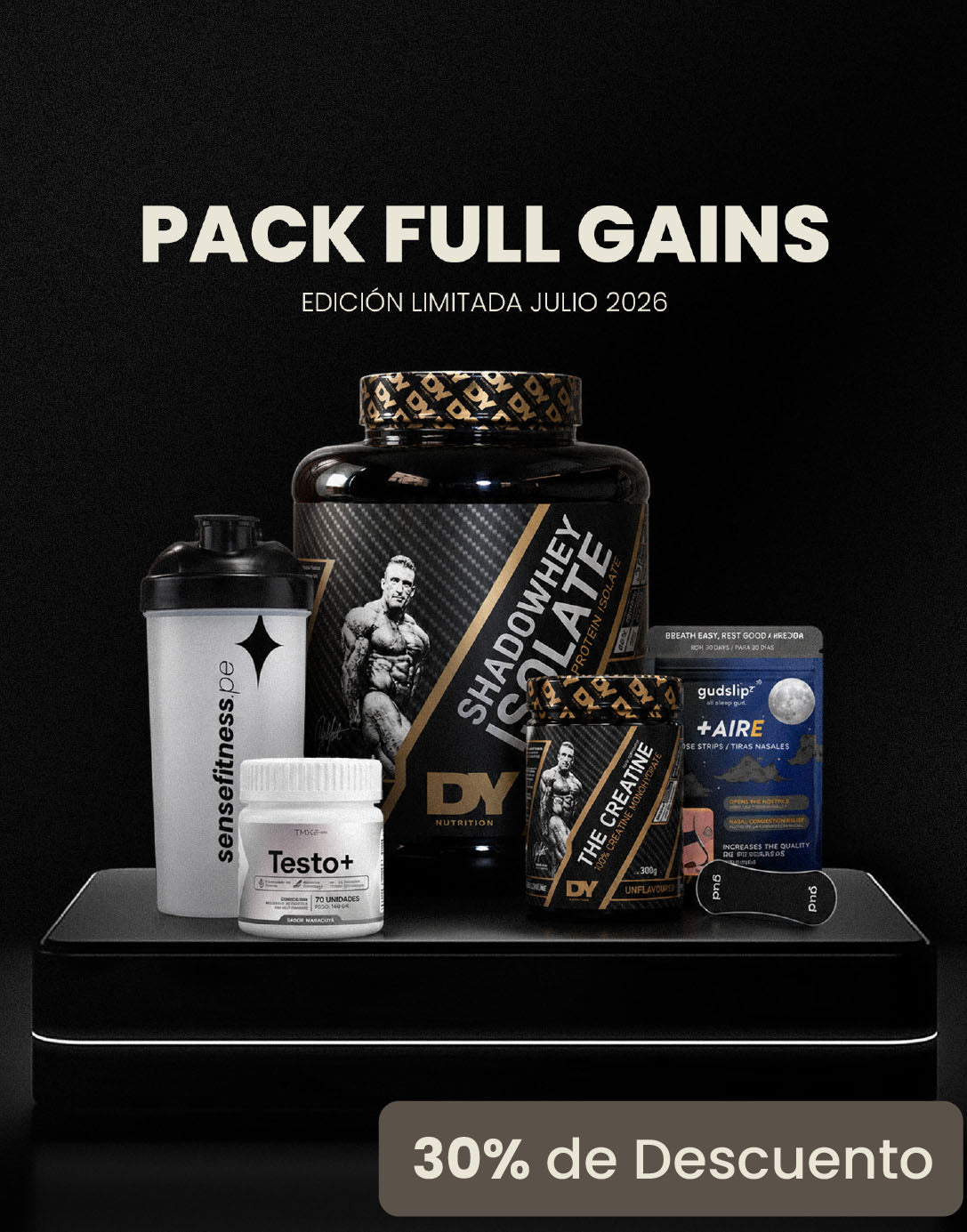 PACK FULL GAINS | Proteína 2kg+ Creatina 300gr+ Gomitas Testo+ Shaker + Tiras Nasales
