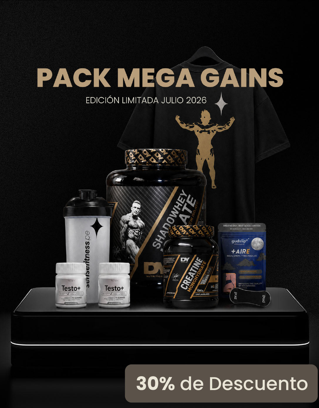 PACK MEGA GAINS | Proteína 2kg+ Creatina 1kg + 2 Gomitas Testo+ Shaker + Tiras Nasales + Polo Oversize