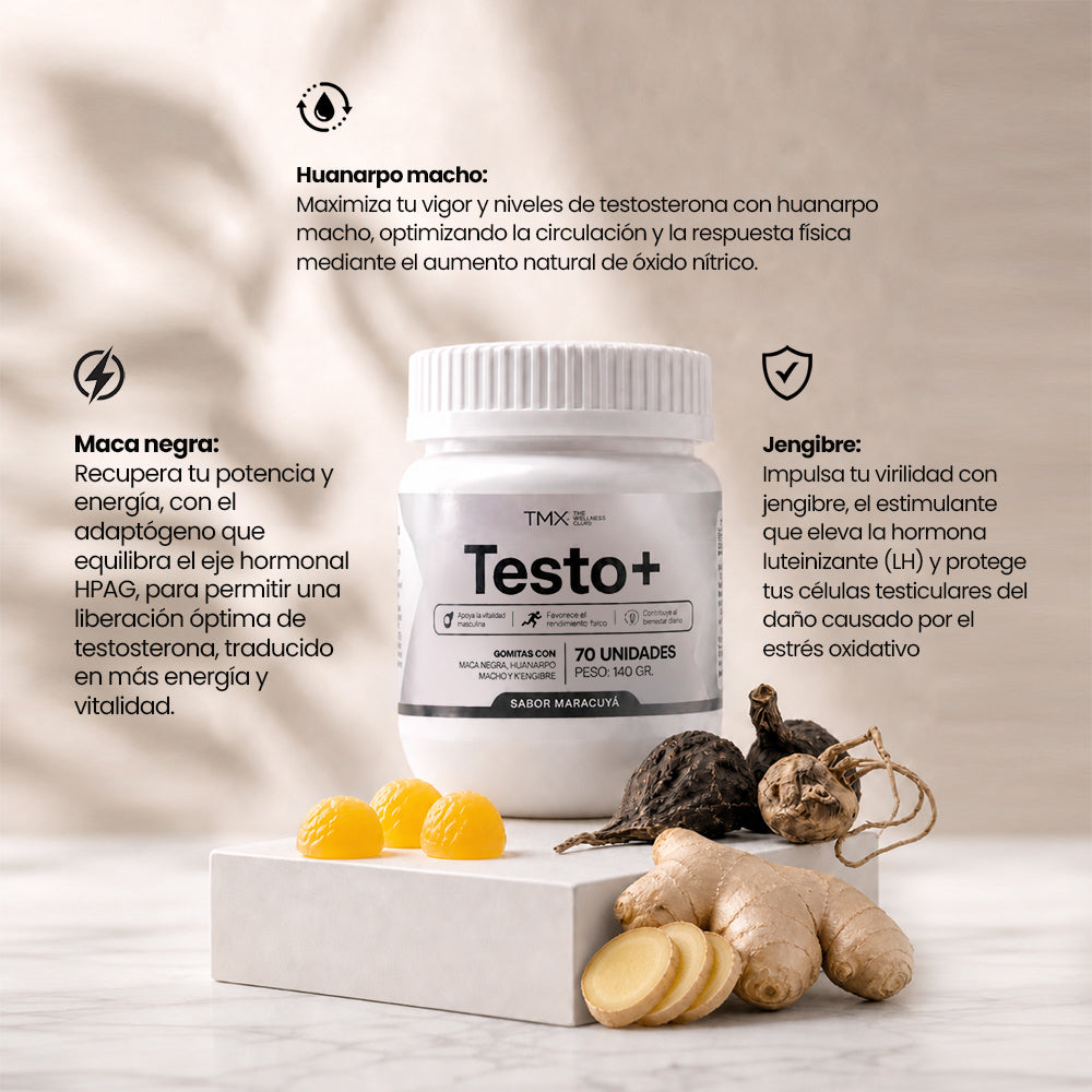 Tres gomitas Sense Fitness Testo+ para potenciar la testosterona natural, con ingredientes estimulantes y saludables.