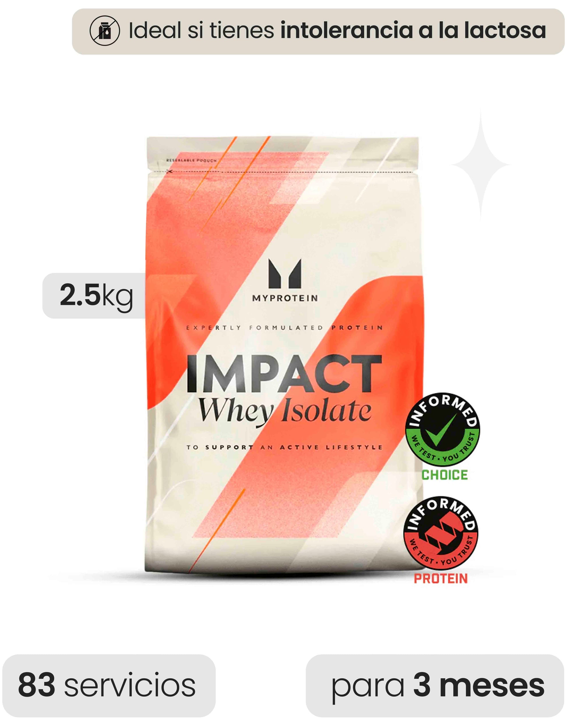 Proteína Impact Whey Isolate de My Protein en sabor vainilla, envase de 2.5kg, con polvo blanco y etiqueta en la bolsa.