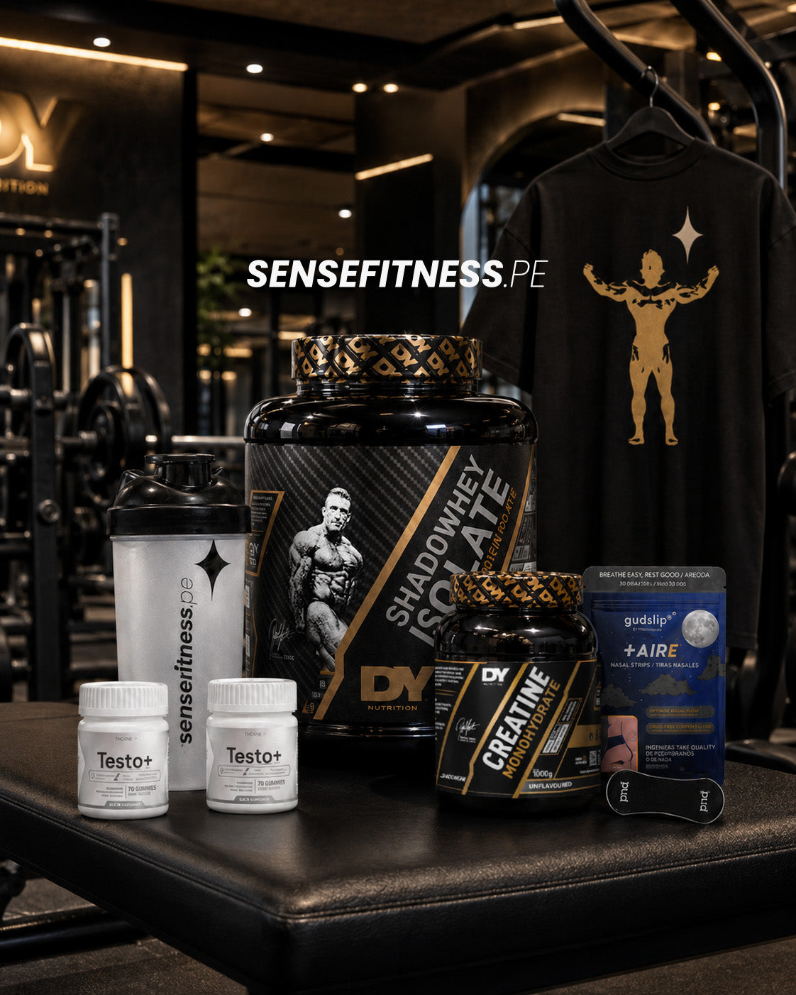 PACK MEGA GAINS | Proteína 2kg+ Creatina 1kg + 2 Gomitas Testo+ Shaker + Tiras Nasales + Polo Oversize