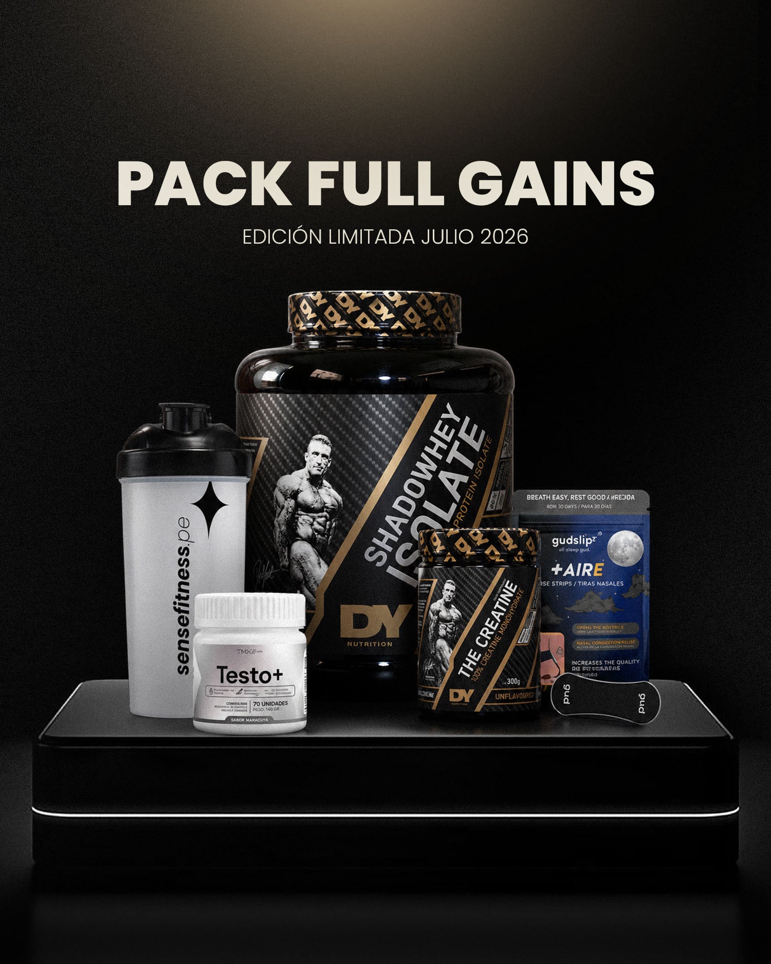PACK FULL GAINS | Proteína 2kg+ Creatina 300gr+ Gomitas Testo+ Shaker + Tiras Nasales