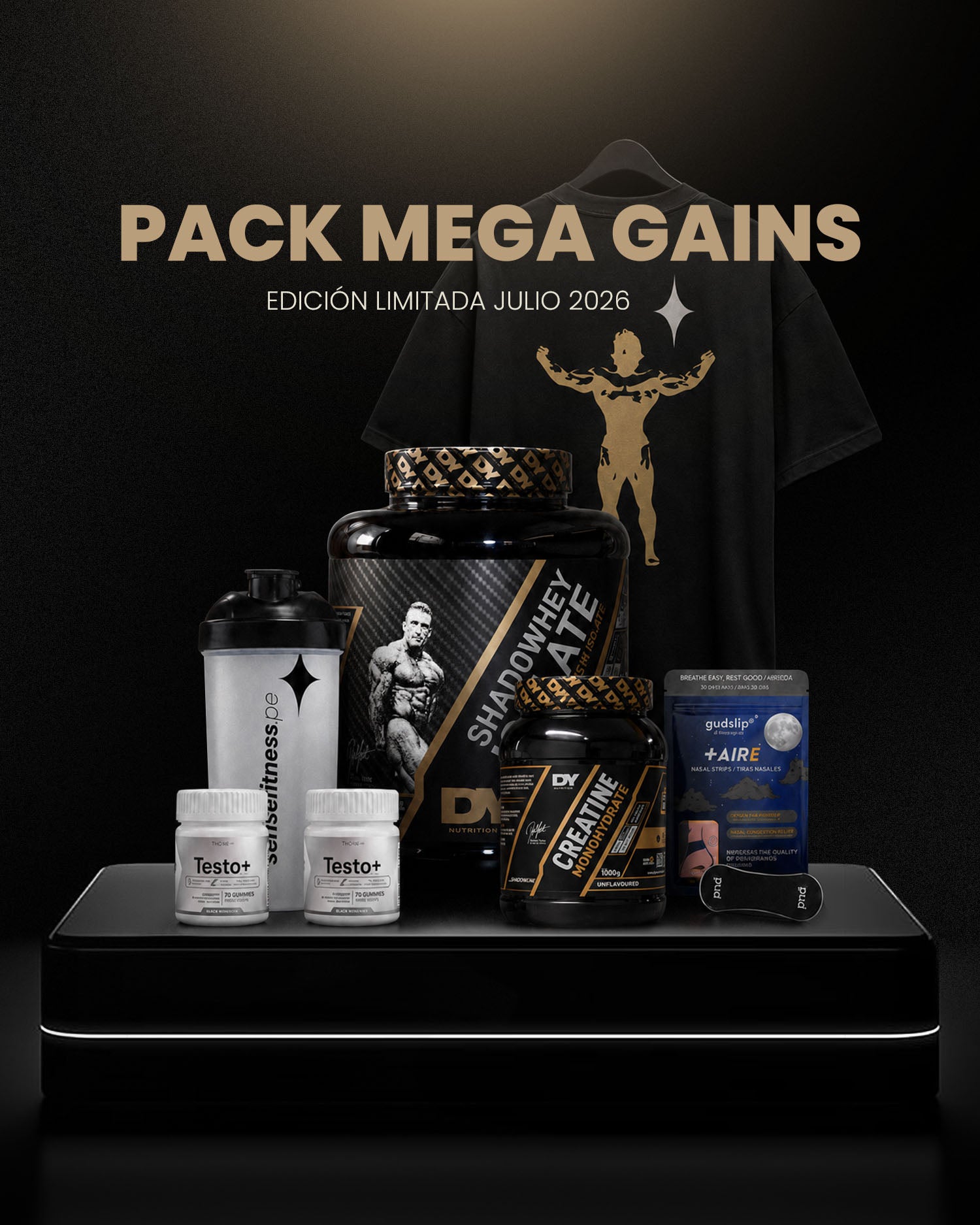 PACK MEGA GAINS | Proteína 2kg+ Creatina 1kg + 2 Gomitas Testo+ Shaker + Tiras Nasales + Polo Oversize