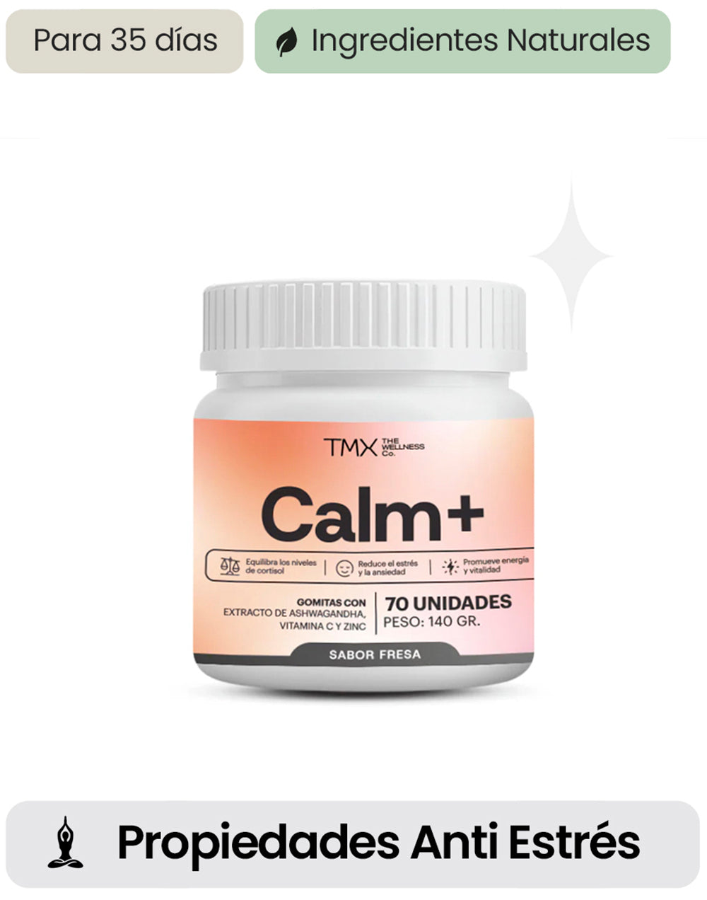 Gomitas Calm+ con Ashwagandha de Sense Fitness, suplemento natural para reducir el estrés, en envase con gomitas moradas y verdes